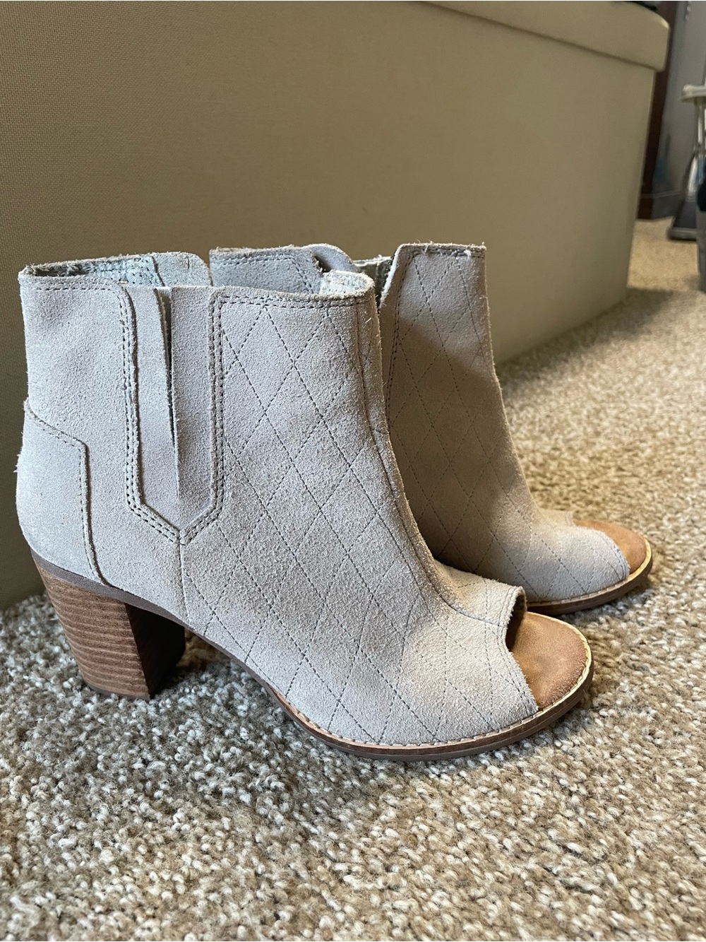 Toms Women’s Taupe Suede Peep-Toe Ankle Boots